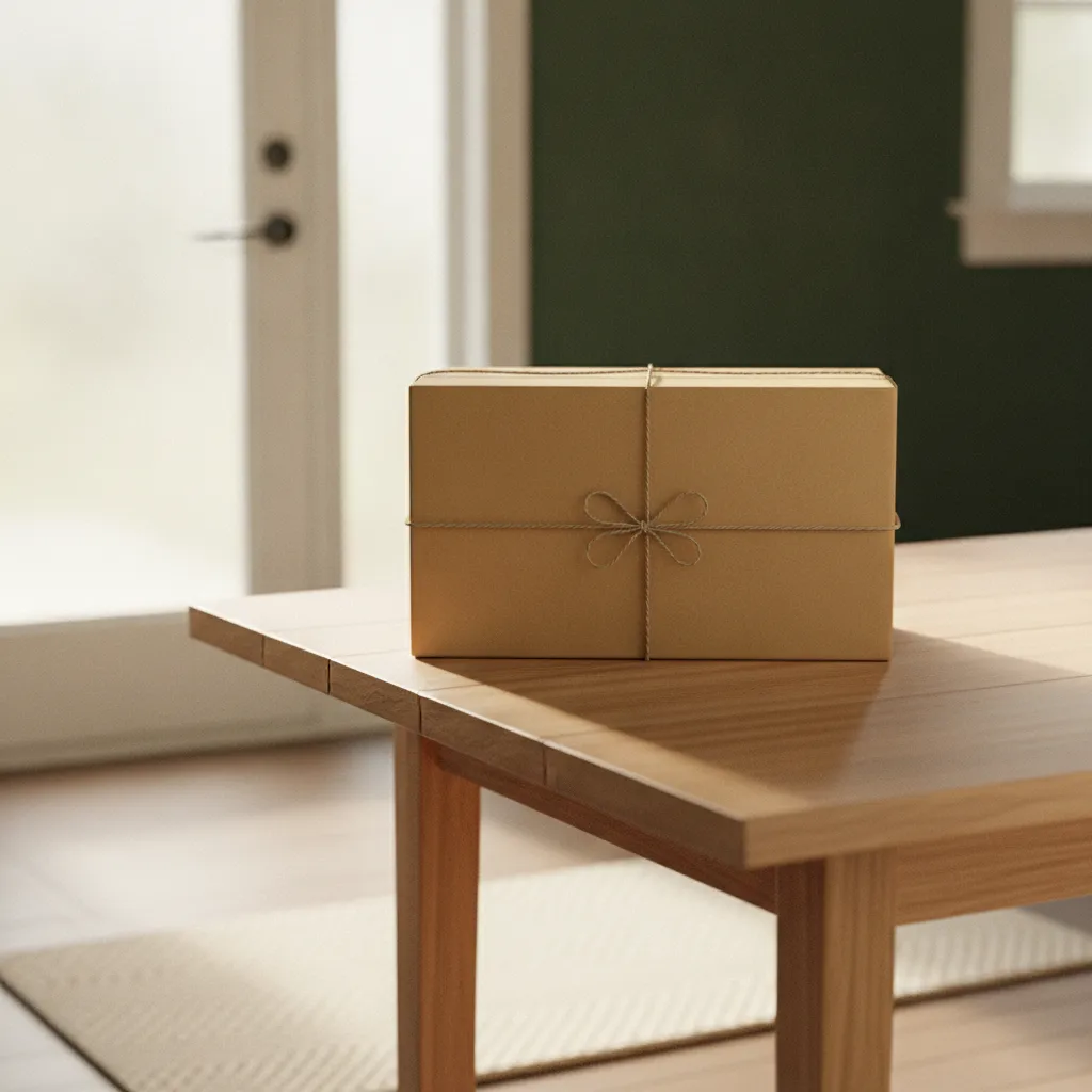Netjes verpakt kraft pakket op een tafel bij een voordeur in warm licht