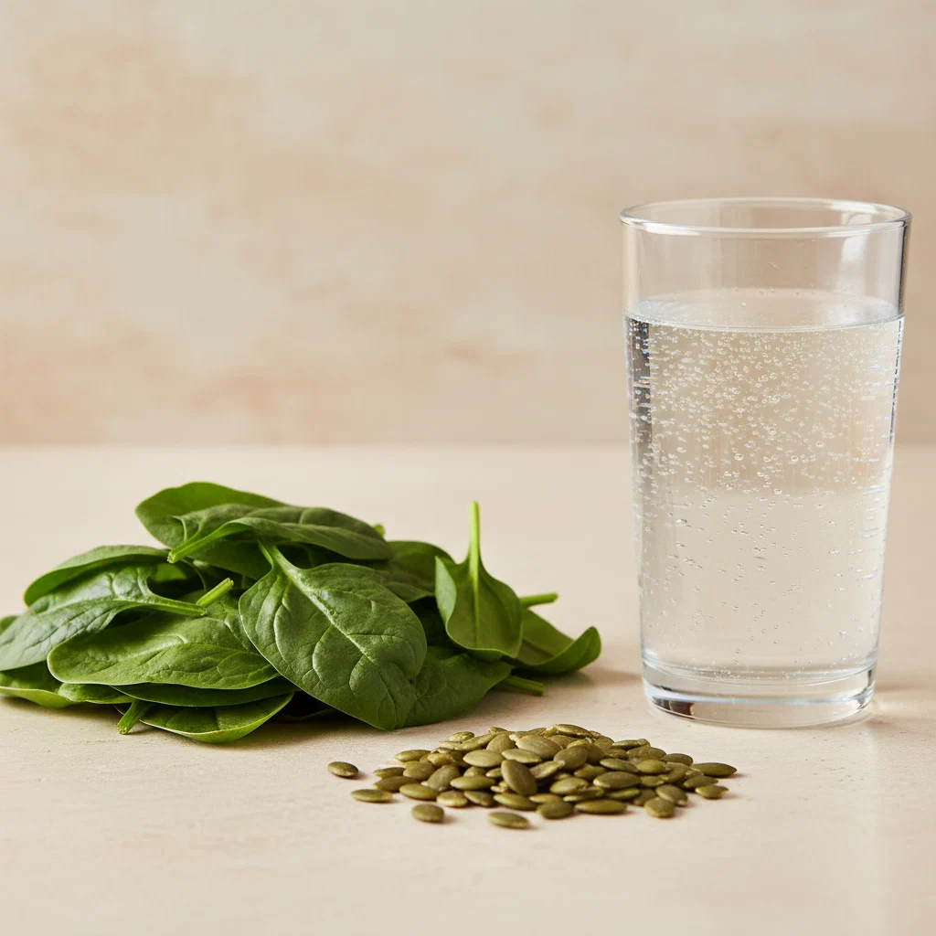 Pompoenpitten, donkere bladgroenten en een glas mineraalwater op een licht aanrecht